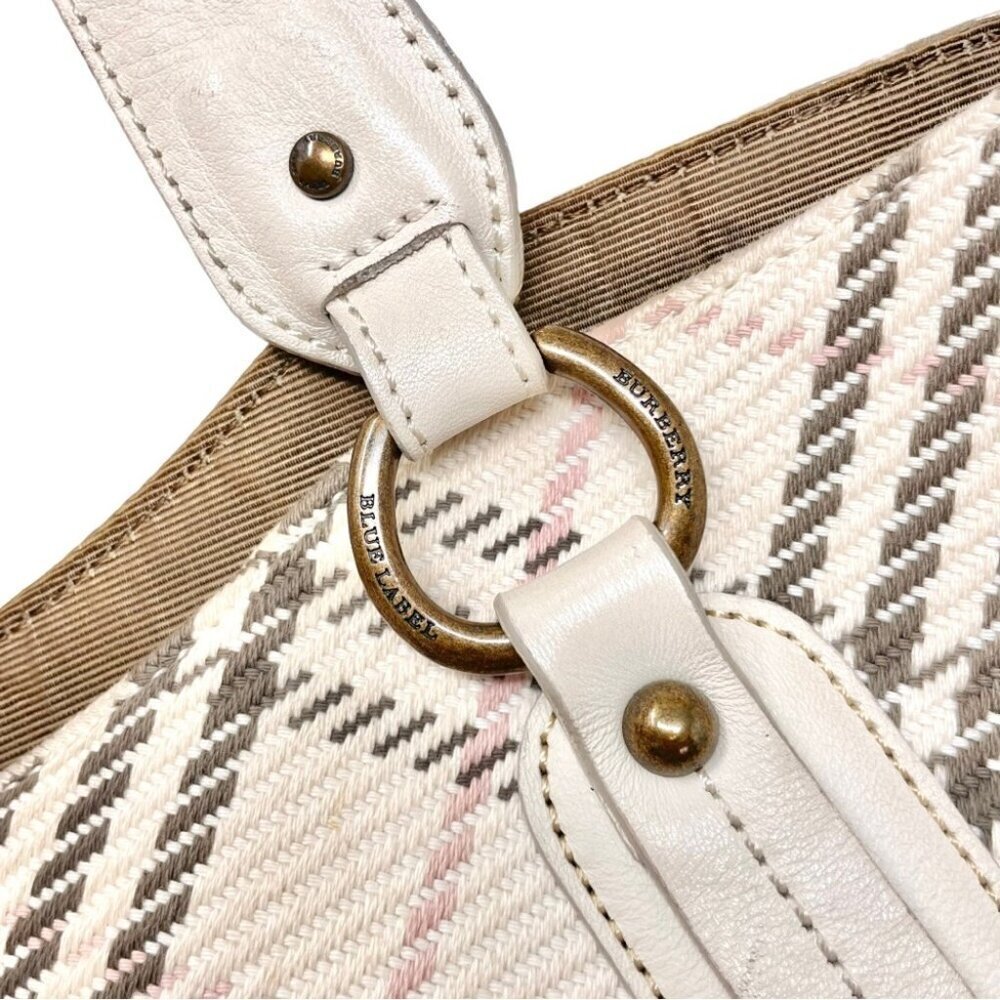 Burberry Blue Label Cream Cotton and Leather Plaid Satchel Shoulder Bag - Picture 8 of 15